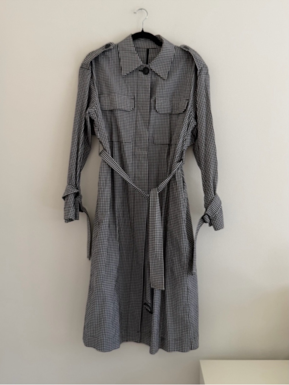 Long-Sleeve Checked Shirt Dress with Waist Tie - Gray